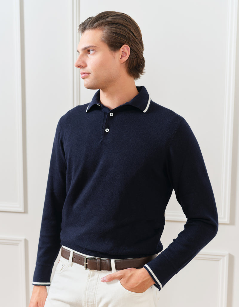 100% EXTRA FINE ITALIAN CASHMERE POLO SWEATER WITH TIPPING