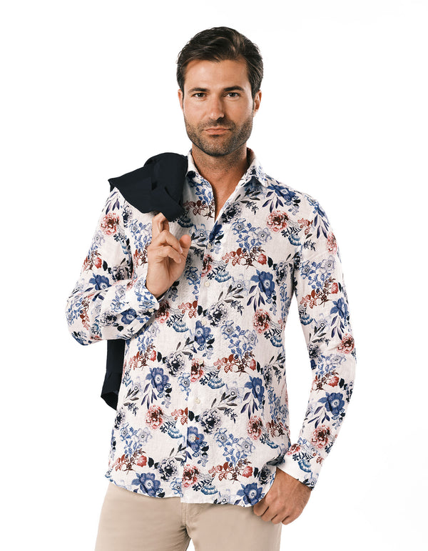 LINEN PRINTED ONE PIECE SPREAD COLLAR SHIRT