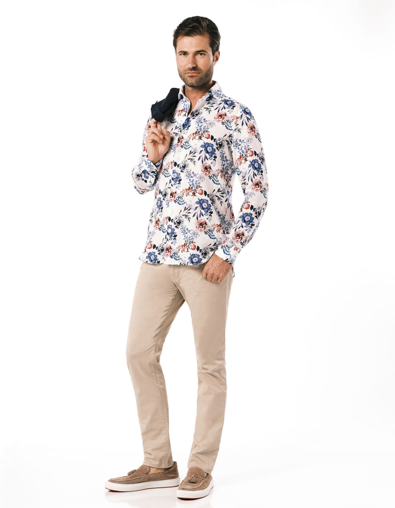 LINEN PRINTED ONE PIECE SPREAD COLLAR SHIRT