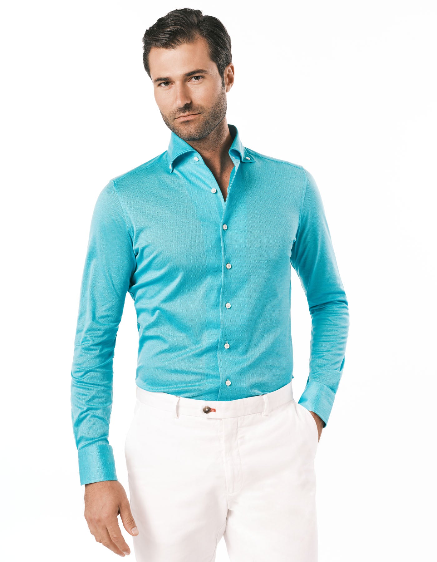 HANDMADE PIQUE KNIT ONE PIECE BUTTON DOWN COLLAR AQUA