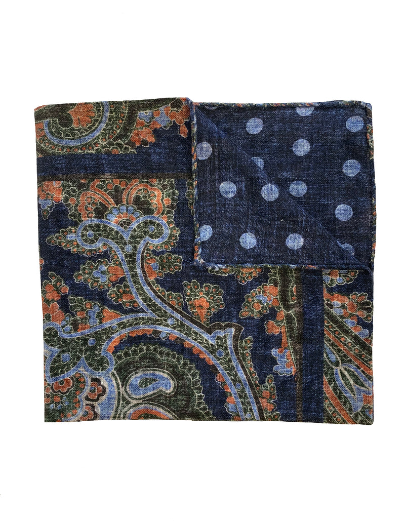 FAZZOLETTO DOUBLE SIDED LINEN DOT & PAISLEY POCKET SQUARE