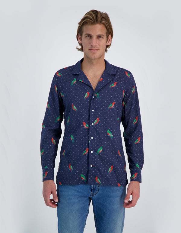 RIVIERA LUXURY SOFT VOILE KING PARROT PRINT CAMP COLLAR SHIRT