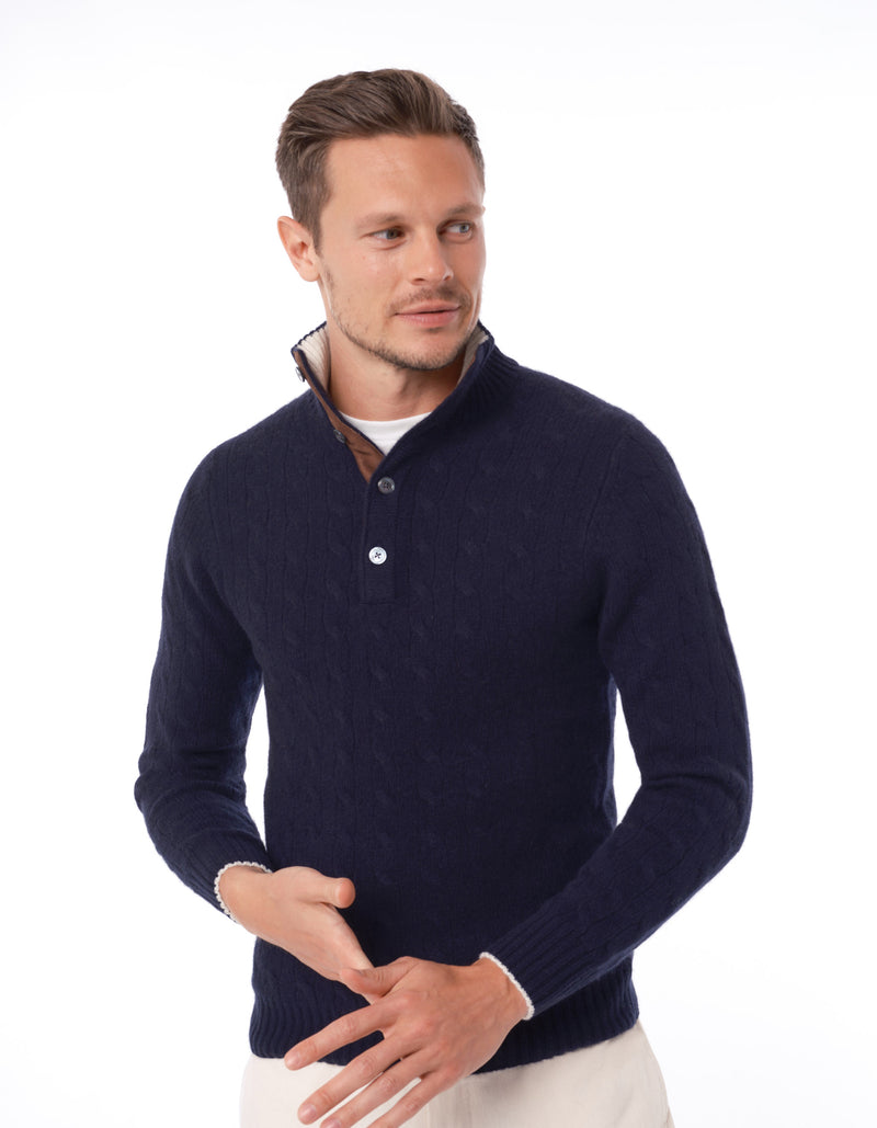 100% CASHMERE CABLE BUTTON UP MOCK NECK SWEATER