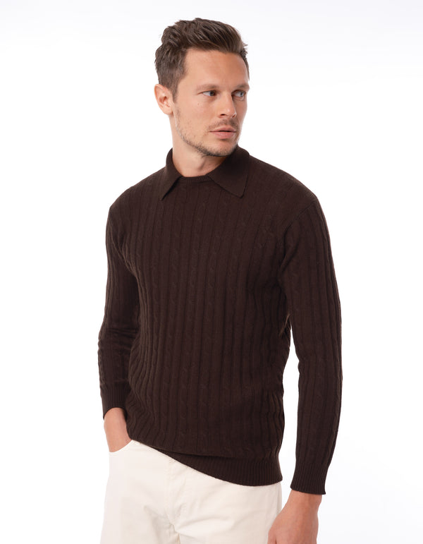 100% ITALIAN CASHMERE CABLE SWEATER WITH COLLAR
