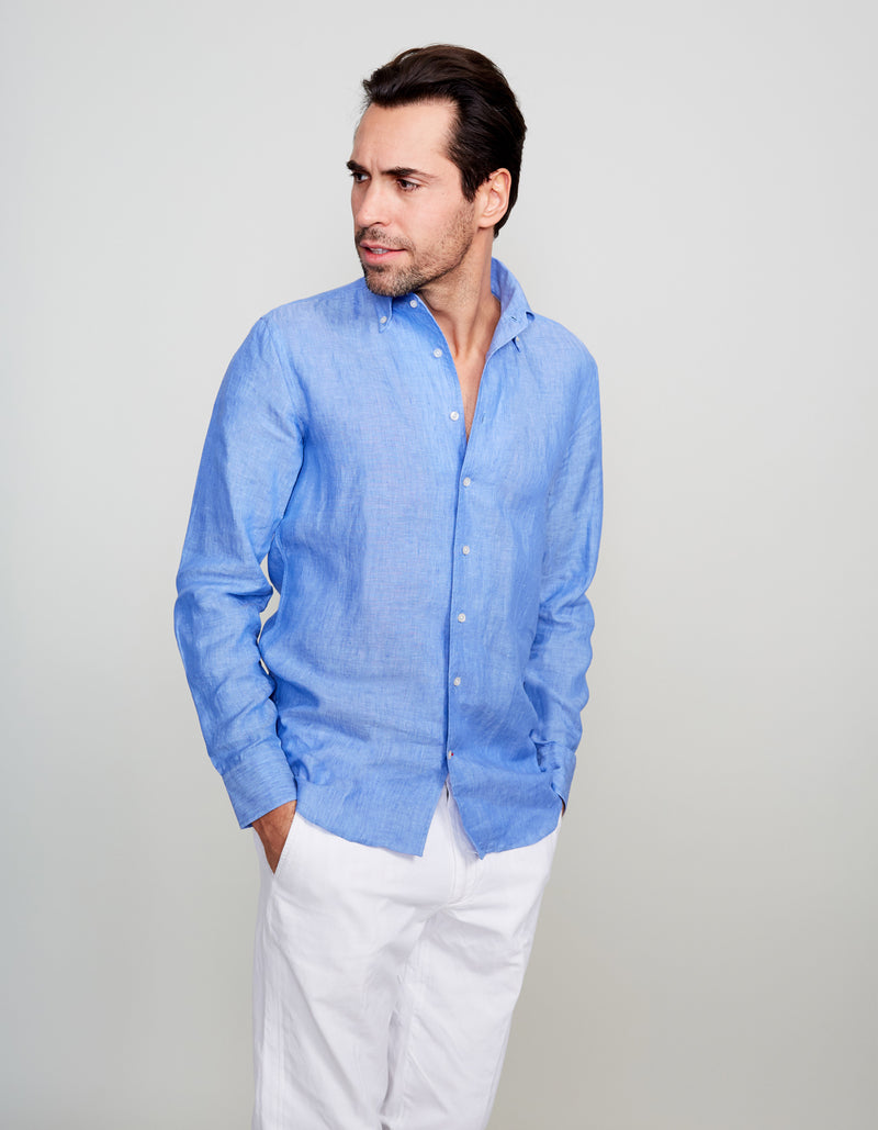 BLUE WASHED SOLID LINEN BUTTON DOWN COLLAR SHIRT